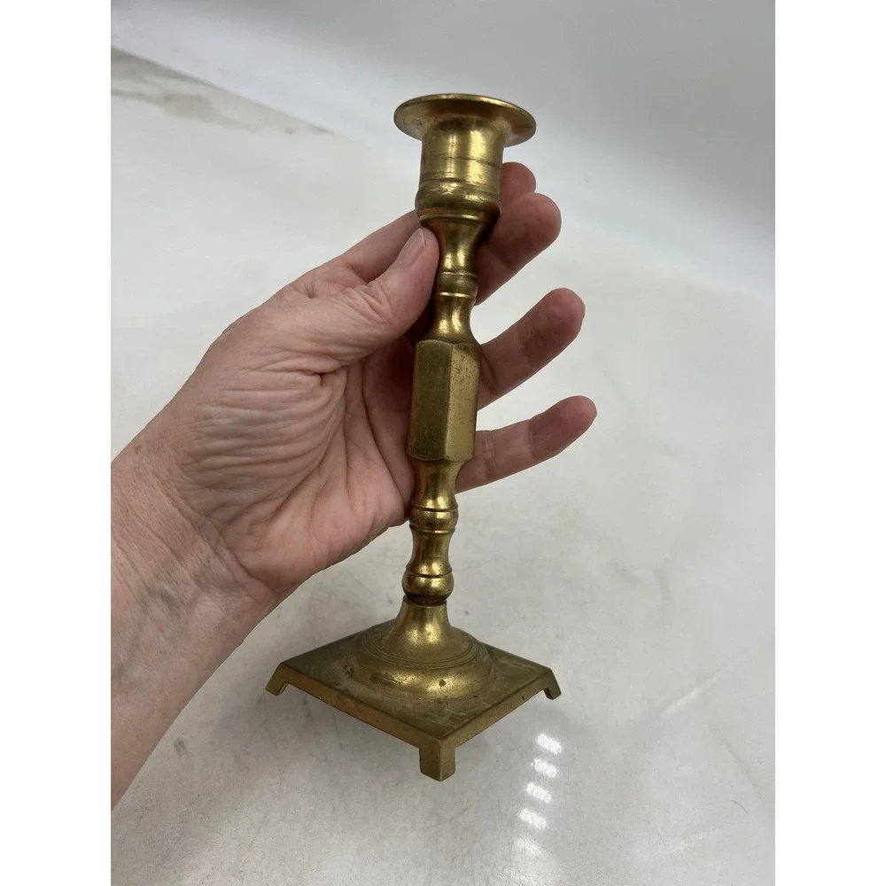 Vintage Solid Brass Candlestick Holder Square Footed Base Made in Japan 7 Inch